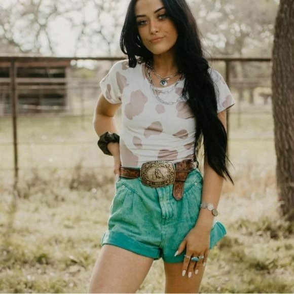 RELISTED Cow Print Crop Top Tan Tee Shirt - Picture 3 of 7